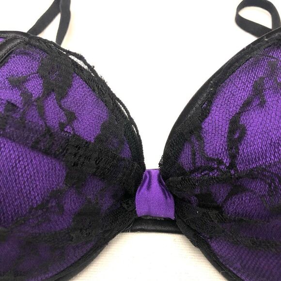 Coquette black lace purple satin push up underwire bra size L - Picture 4 of 8